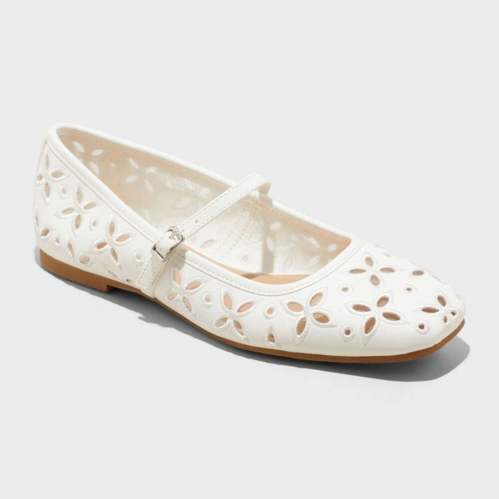 Open Box - Wild Fable - Women's Elsa Eyelet Mary Jane Ballet Flats with Me White